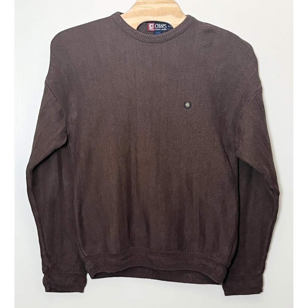 Vintage Chaps Ralph Lauren Sweater Mens XL Brown Herringbone Crest 90s Logo